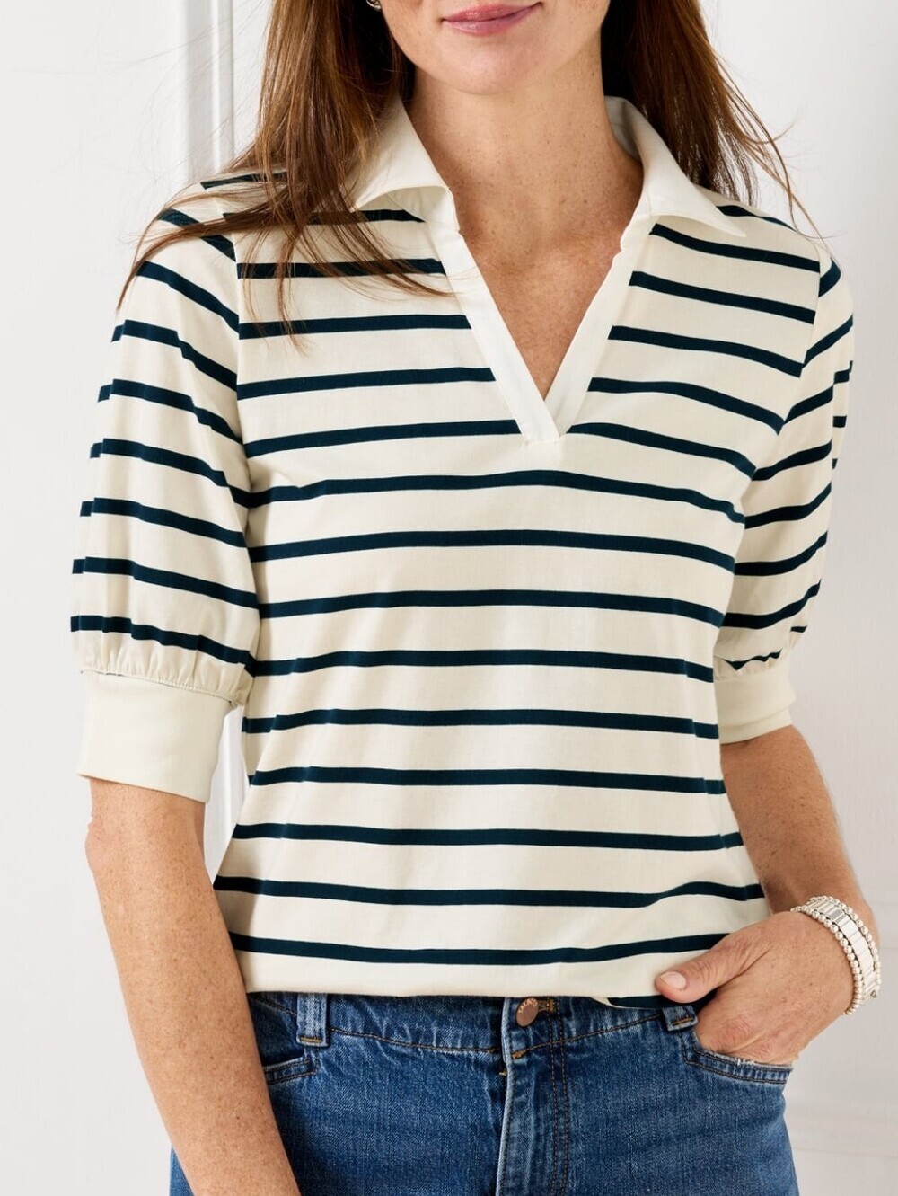 Talbots NEW Ivory Black Striped Puff Sleeve Johnny Collar Polo Top SZ Large